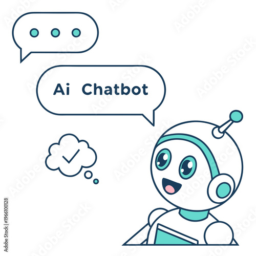 Robot with speech bubbles and thought cloud expressing ai chatbot interaction ai chatbot