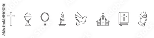 Set of Christian Religious Icons and Symbols Including Cross, Bible, Church, Dove, Rosary, and Praying Hands in Thin Line Style