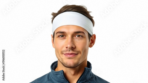 Young man wearing blank white headband mockup, ai generated. Male athlete model wear sport sweatband for running or tennis, isolated on white background. Sportswear accessory concept template.
