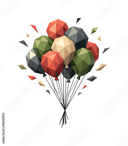 Polygon Balloon Ascension. Low-poly vector illustration focused on balloon bunch lift, cluster of faceted balloons rising upward
