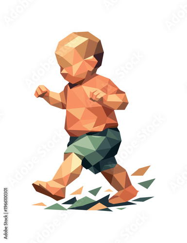 Low-poly vector illustration focused on baby first steps, faceted toddler taking a small forward step with arms slightly raised