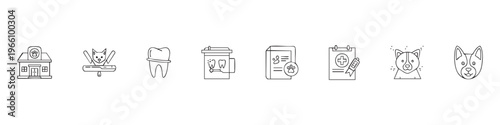 Set of Veterinary Care and Pet Health Icons - Clinic, Surgery, Dental, Medical Records, and Dog Icons in Line Art Style