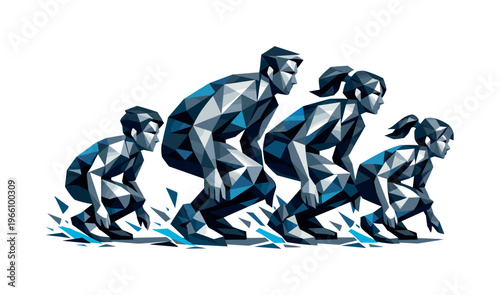 Geometric Family Jump. Low-poly vector illustration focused on family group leap showing the setup moment before the jump,