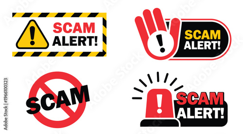 Scam Alert Notification Set Icon, Fraud Notice Alert, Malware Hack Attack Attention Banner, Pop-Up Vector, Security Warning Symbols, Cyber Threat Illustration, Digital Safety Icons, Online Protection 