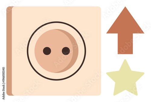 Energy usage, electricity connection, power supply, direction, renewable energy, home utilities. A socket alongside an up arrow and a star. Energy usage and electricity connection concept