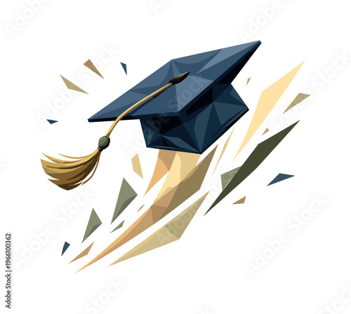 Low-poly vector illustration focused on graduation cap toss, faceted mortarboard cap flying upward with angular tassel trailing