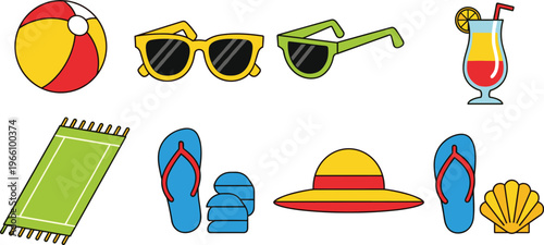 Summer Vacation Icon Set Featuring Beach Ball Sunglasses Cocktail Flip Flops Sun Hat Towel Shell and Sandals Vector Illustrations for Travel Holiday and Leisure Design