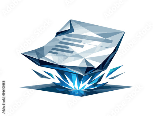 Low-poly vector illustration focused on exam paper slam showing the setup moment before impact, geometric exam sheet hovering