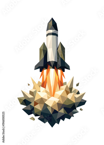 Low-poly vector illustration focused on rocket science launch, faceted space rocket blasting upward with sharp triangular exhaust