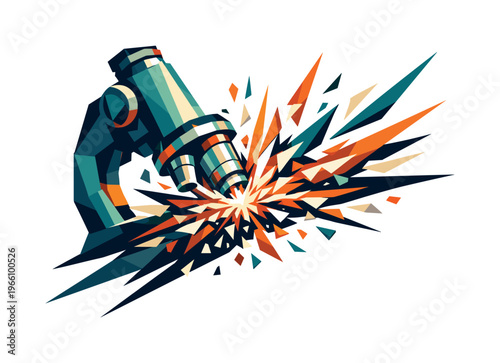Low-poly vector illustration focused on microscope discovery pop during the breakthrough moment, faceted microscope lens emitting