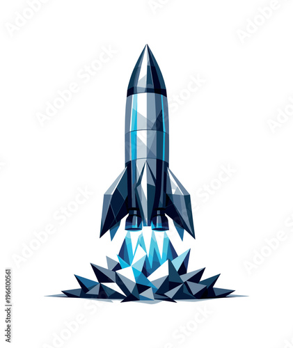 Low-poly vector illustration focused on rocket science launch showing the setup moment before ignition, geometric rocket standing