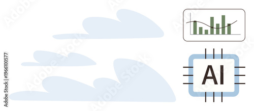 Artificial intelligence, data analysis, technology, cloud computing, statistics, information processing. AI chip and statistical graph on a minimal backdrop. Artificial intelligence and data analysis