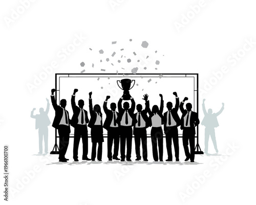 A triumphant business team celebrates their significant achievement, raising a championship trophy with joyous confetti falling around them.