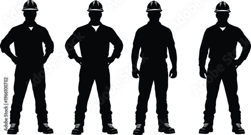Construction workers silhouettes with helmets, teamwork, industry labor safety, confident poses, industrial workforce, occupational strength, professional laborers, engineering staff, flavector