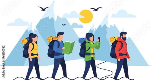 Group of hikers with backpacks trekking in mountains, man reading map, woman taking photo, outdoor adventure and summer nature tourism, flavector