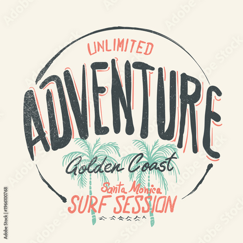 Adventure Golden Coast Santa Monica. Summer T-shirt design. summer graphic tee. tropical palm tree. typography slogan with text artwork. 