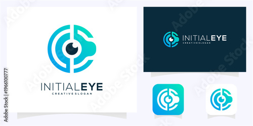 Minimal letter C initial with Eye logo design idea. Abstract vision monogram gradient icon symbol.