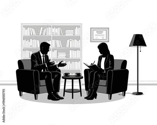 Silhouetted business people in consultation, one speaking while the other carefully takes notes