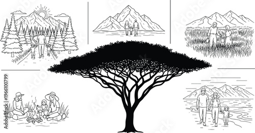 Family outdoor adventure set with mountain hiking, forest walking, campfire sitting, beach stroll, and meadow exploration around large silhouette tree, flavector