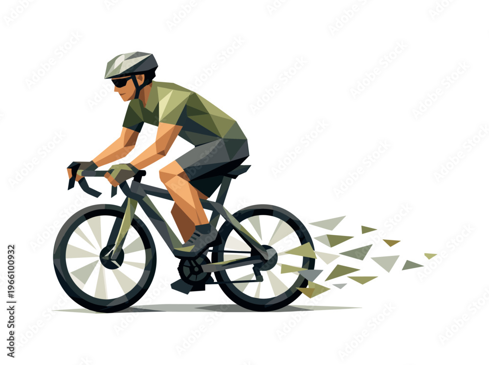 Naklejka premium Low-poly vector illustration focused on cyclist traffic weave after completing the maneuver, geometric cyclist riding steadily