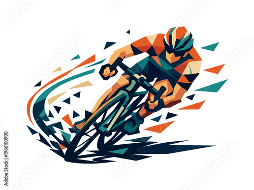 Low-poly vector illustration focused on cyclist traffic weave during the agile weaving action, faceted cyclist leaning sharply as