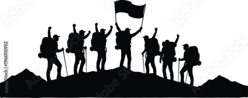 Silhouette of a group of hikers with backpacks and sticks celebrating on mountain summit holding a flag for success flavector