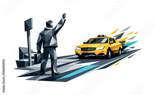 Low-poly vector illustration focused on a taxi pickup stop showing the cause/setup moment, a passenger figure raising an arm to