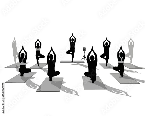 Silhouette figures demonstrate the challenging tree pose during a peaceful group yoga session outdoors