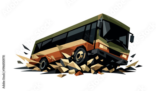 Low-poly vector illustration focused on a bus braking skid with tension and obstacle, heavy angular bus struggling to stop as