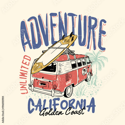Adventure Unlimited Surfing with Surfboard. summer beach graphic tee. Tropical tee shirt design. California Golden Coast. summer t-shirt design. vintage graphic tee