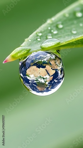 A blue planet earth globe with a water drop and green leaf represents a global nature ecology concept for a sustainable environment