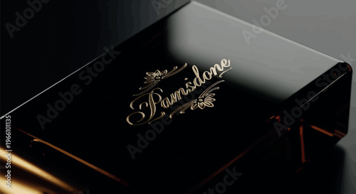 Elegant dark luxury product packaging box featuring a sophisticated gold embossed logo with intricate floral details, showcasing premium branding and exclusive design for high-end items.