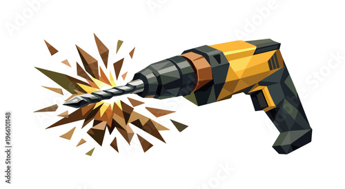 Low-poly vector illustration focused on renovation drill burst, powerful electric drill with sharply faceted body and angular