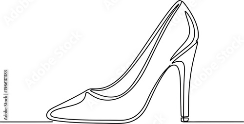 Elegant single line continuous drawing of a classic high heel pump shoe showcasing minimalist and modern fashion design aesthetics