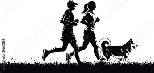 Silhouette of a man and woman running on grass field with their husky dog for healthy outdoor fitness exercise flavector