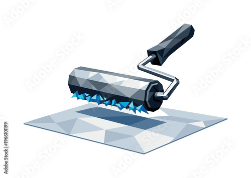 Low-poly vector illustration focused on paint roller swipe showing the cause/setup moment, faceted paint roller hovering just