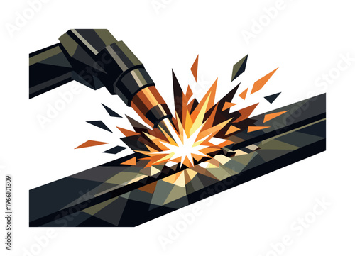 Low-poly vector illustration focused on welding arc flash, angular welding torch emitting an intense geometric arc toward a