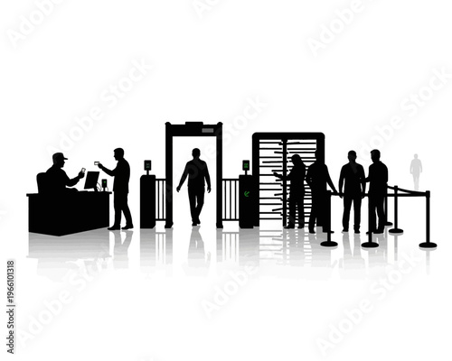 Silhouetted figures pass through security checkpoints using metal detectors and turnstile access gates