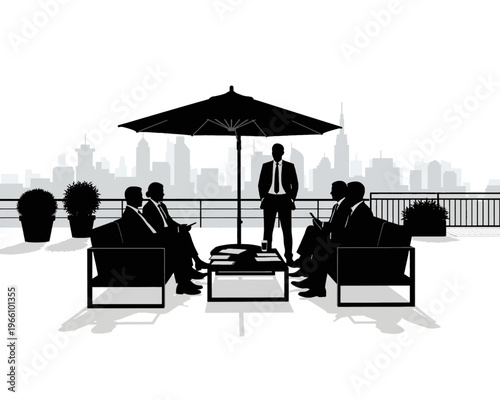 A team of professional business people gathers for an outdoor meeting, collaborating on important corporate strategies and future plans.