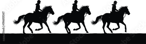 Silhouette of three female riders on horses galloping in a row during equestrian training session on outdoor field flavector