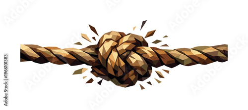Low-poly vector illustration of a rope knot pulled tight, thick rope strands twisting into a compact central knot with sharply