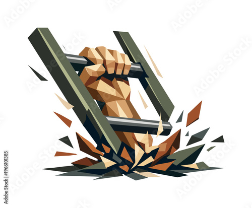 Low-poly vector illustration focused on ladder slip catch with tension and resistance, angular ladder partially falling while a