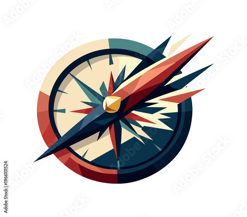 Low-poly vector illustration of a compass needle whipping rapidly across the compass face, elongated faceted needle forming a
