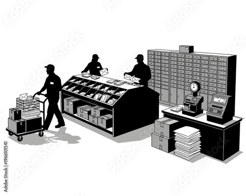 Postal workers diligently process various mail items using sorting equipment and weighing scales inside a facility.