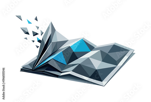 Low-poly vector illustration of a tightly folded map just beginning to open from one corner, angular polygon paper layers