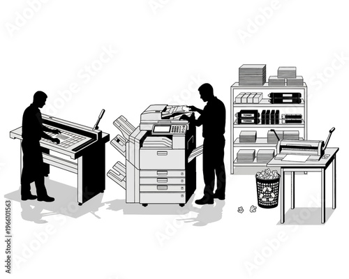 Two employees operating large commercial printing and copying machinery in a modern office environment