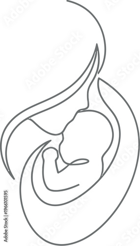 Minimalist single line art drawing depicting a loving mother cradling her newborn baby in an abstract protective embrace illustration