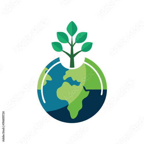 A young plant sprouting from a globe symbolizing global growth and sustainability