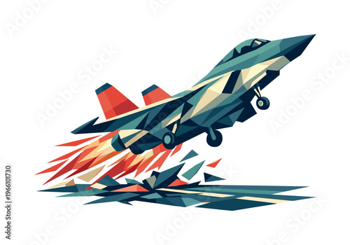 Low-poly vector illustration of a jet aircraft sharply rotating upward during takeoff, front wheel lifting while the faceted body