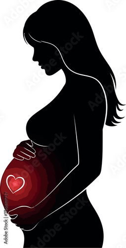 Silhouette illustration depicts a loving pregnant woman cradling her belly showing a glowing heart symbol representing unborn baby love and anticipation.